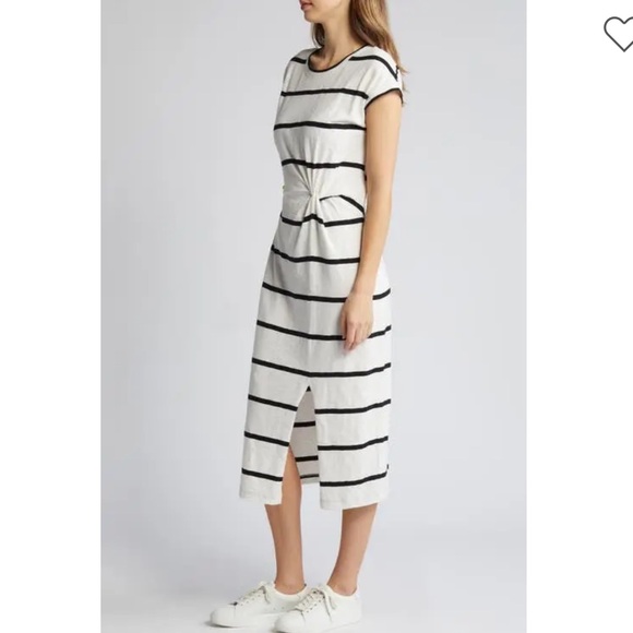 CASLON Twist Waist Organic Cotton Midi T-Shirt Dress - Ivory Cloud- Black Stripe - Picture 4 of 8